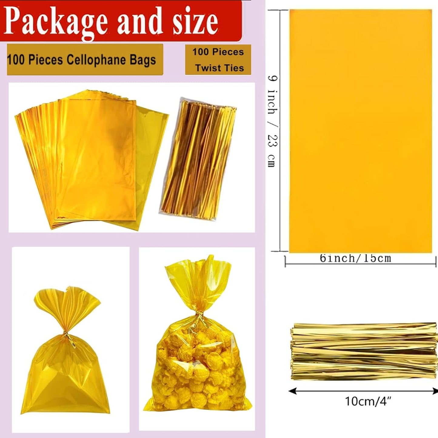 Yellow Cellophane Treat Bags with Gold Twist Ties, 100PC 6x9 inches (15x23 cm) Clear Cellophane Bags for Candy,Cookies Treats and Gifts,Party Supplies