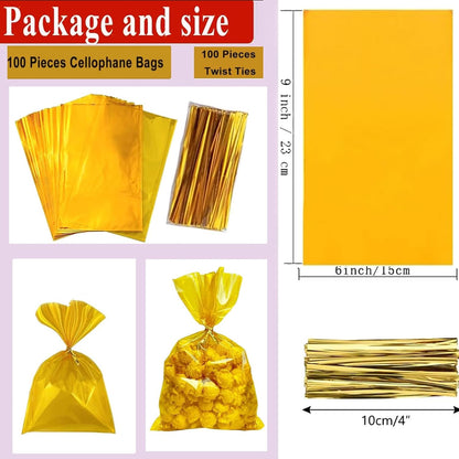 Yellow Cellophane Treat Bags with Gold Twist Ties, 100PC 6x9 inches (15x23 cm) Clear Cellophane Bags for Candy,Cookies Treats and Gifts,Party Supplies
