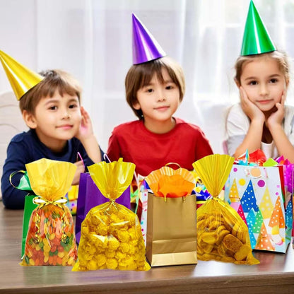 Yellow Cellophane Treat Bags with Gold Twist Ties, 100PC 6x9 inches (15x23 cm) Clear Cellophane Bags for Candy,Cookies Treats and Gifts,Party Supplies