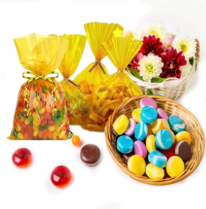 Yellow Cellophane Treat Bags with Gold Twist Ties, 100PC 6x9 inches (15x23 cm) Clear Cellophane Bags for Candy,Cookies Treats and Gifts,Party Supplies