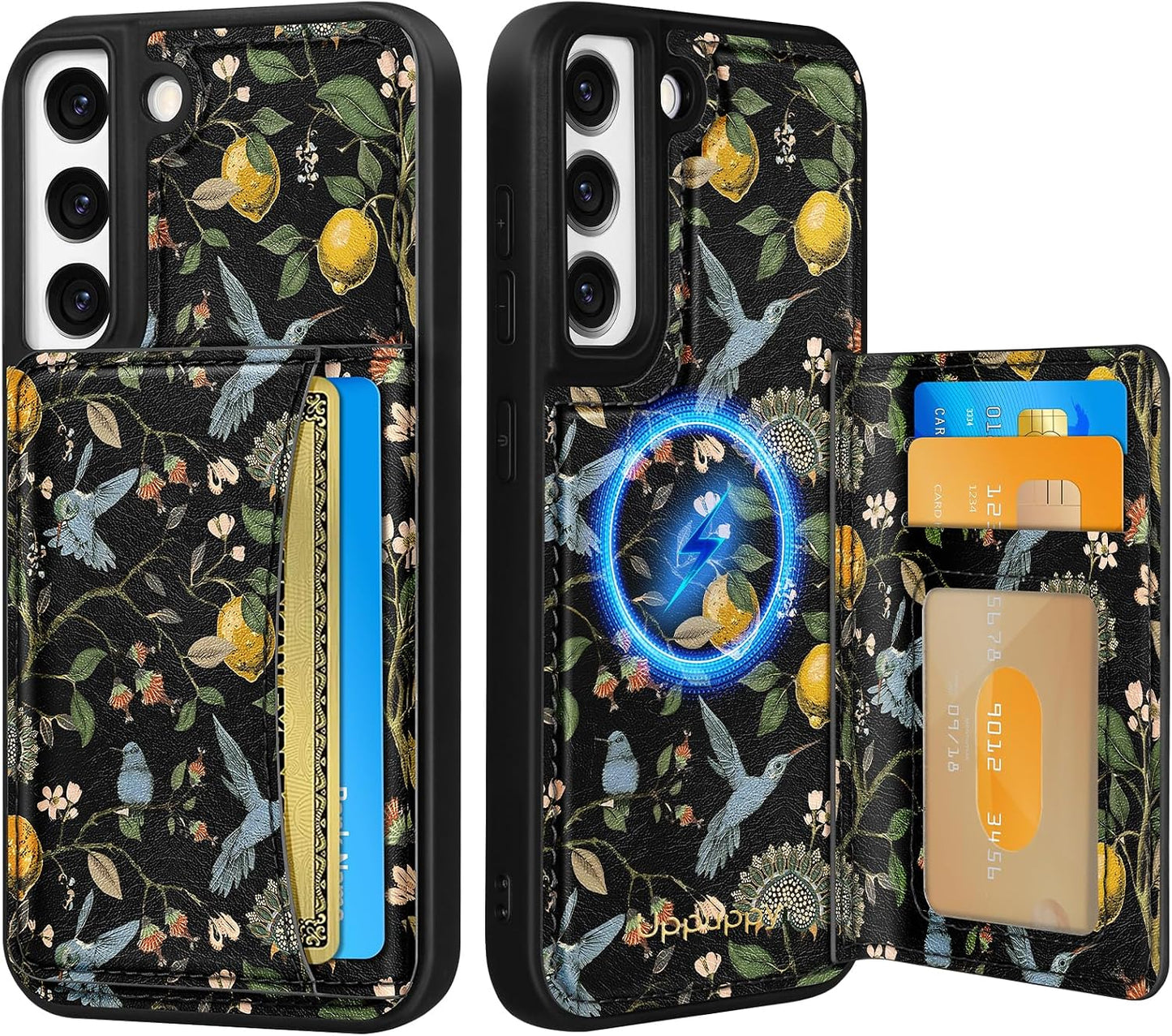 for Samsung Galaxy S22 Case with Wallet - Fits 4 Card Slots, Compatible with MagSafe for Women Durable PU Leather Credit Card Holder Kickstand Phone Cover for Samsung S22, Lemon Bird