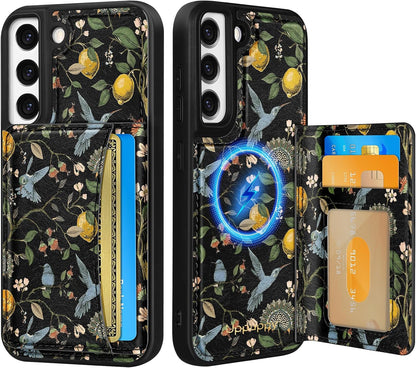 for Samsung Galaxy S22 Case with Wallet - Fits 4 Card Slots, Compatible with MagSafe for Women Durable PU Leather Credit Card Holder Kickstand Phone Cover for Samsung S22, Lemon Bird