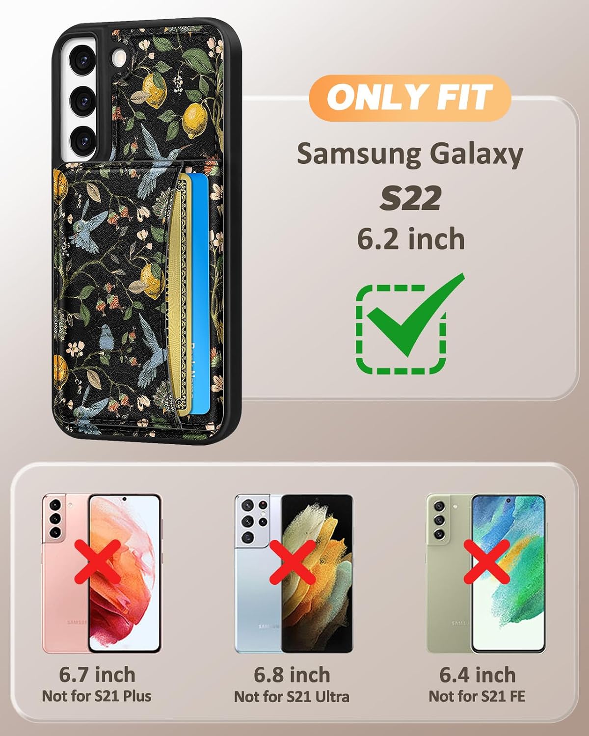 for Samsung Galaxy S22 Case with Wallet - Fits 4 Card Slots, Compatible with MagSafe for Women Durable PU Leather Credit Card Holder Kickstand Phone Cover for Samsung S22, Lemon Bird