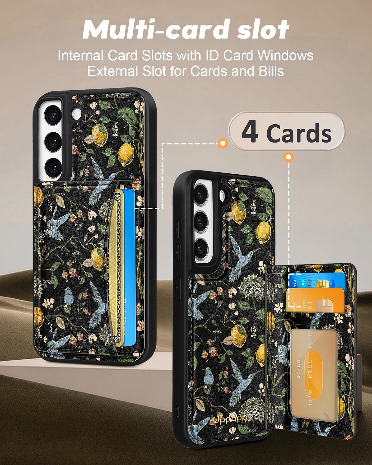 for Samsung Galaxy S22 Case with Wallet - Fits 4 Card Slots, Compatible with MagSafe for Women Durable PU Leather Credit Card Holder Kickstand Phone Cover for Samsung S22, Lemon Bird