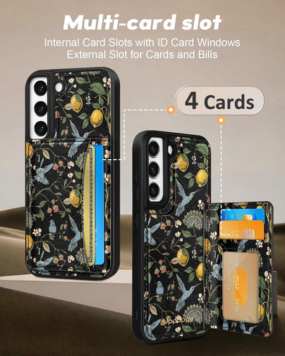 for Samsung Galaxy S22 Case with Wallet - Fits 4 Card Slots, Compatible with MagSafe for Women Durable PU Leather Credit Card Holder Kickstand Phone Cover for Samsung S22, Lemon Bird