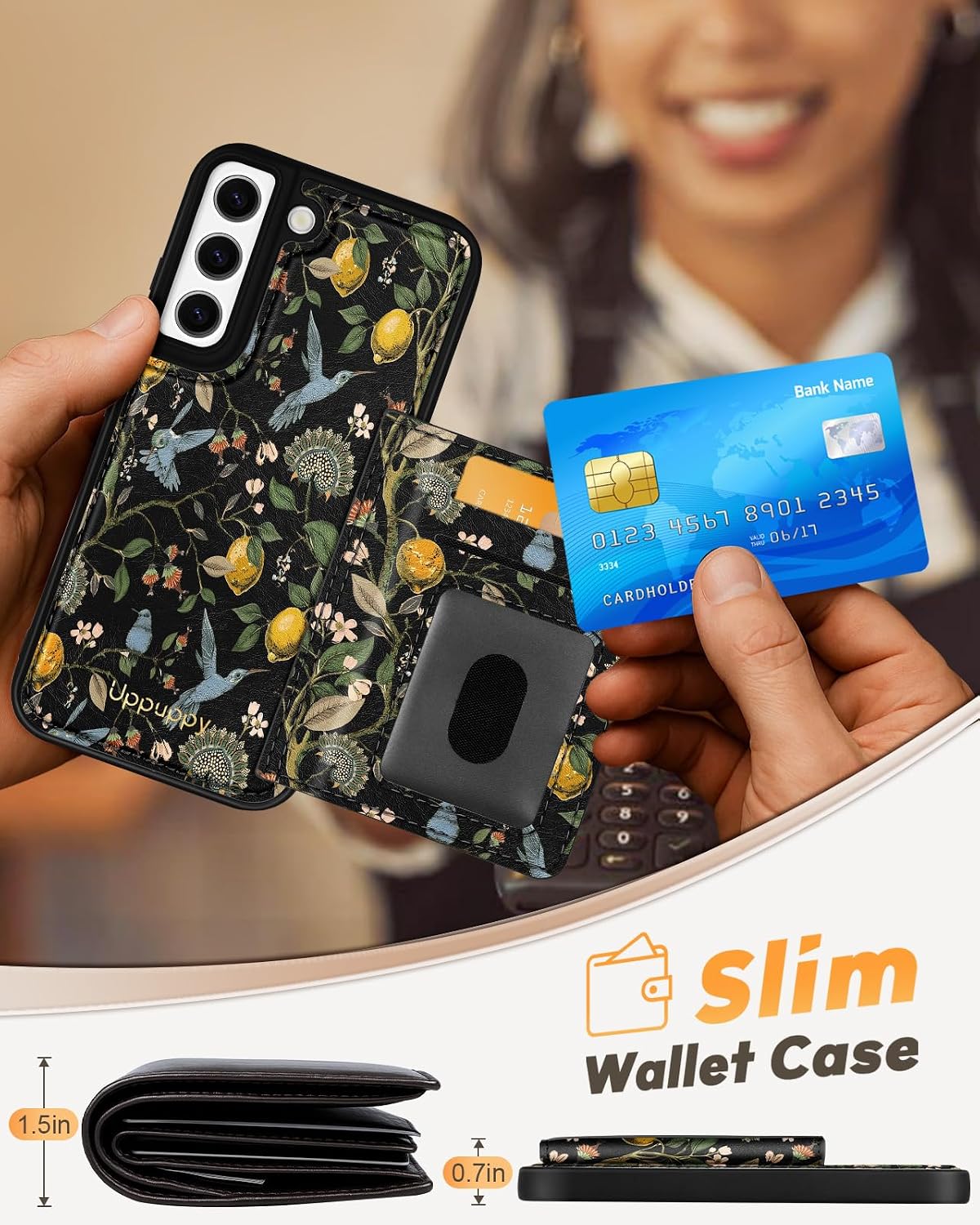 for Samsung Galaxy S22 Case with Wallet - Fits 4 Card Slots, Compatible with MagSafe for Women Durable PU Leather Credit Card Holder Kickstand Phone Cover for Samsung S22, Lemon Bird