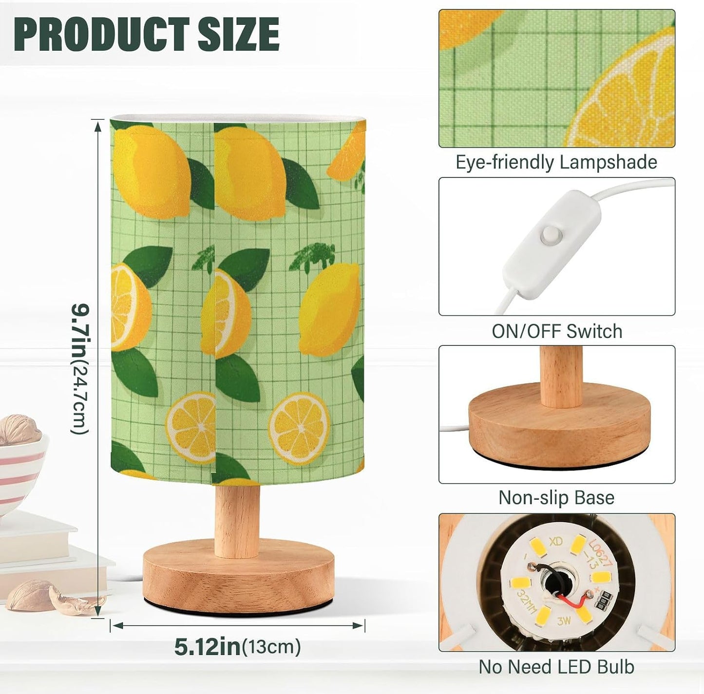 Bedside Table Lamp Lemon Yellow Citrus Fruits (81) Kids Nightstand Lamp Night Light Fabric Shade for Bedroom Living Room Home Office