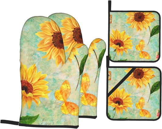 Golden Yellow Watercolor Sunflowers and A Butterfly with Postage Stamps Birds Flower 4 Pack Custom Design Oven Mitts Pot Holders Set, Thick Polyester Kitchen Gloves for Home Baking Backyard Grilling