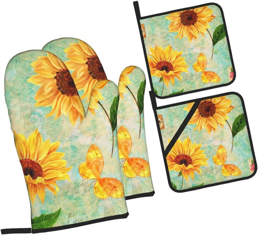 Golden Yellow Watercolor Sunflowers and A Butterfly with Postage Stamps Birds Flower 4 Pack Custom Design Oven Mitts Pot Holders Set, Thick Polyester Kitchen Gloves for Home Baking Backyard Grilling