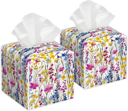 Pink Yellow Wildflowers Watercolor Tissue Box Cover, 2Pcs Square PU Leather Tissue Box Holder for Bathroom Vanity Countertop, Bedroom Dresser, Office Desk or Night Stand Table