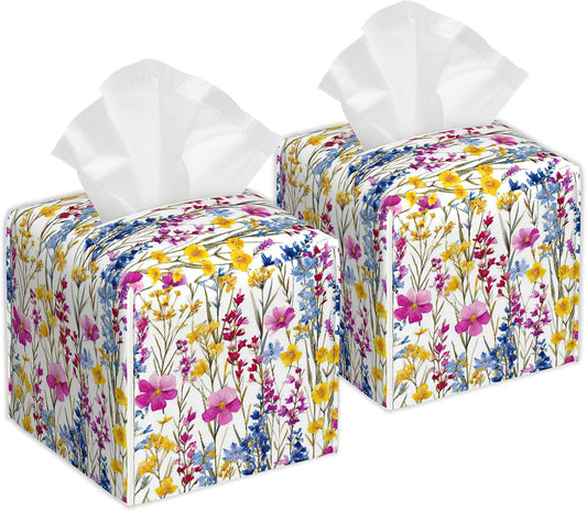 Pink Yellow Wildflowers Watercolor Tissue Box Cover, 2Pcs Square PU Leather Tissue Box Holder for Bathroom Vanity Countertop, Bedroom Dresser, Office Desk or Night Stand Table