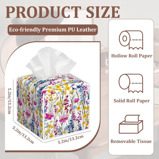 Pink Yellow Wildflowers Watercolor Tissue Box Cover, 2Pcs Square PU Leather Tissue Box Holder for Bathroom Vanity Countertop, Bedroom Dresser, Office Desk or Night Stand Table