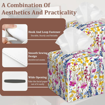 Pink Yellow Wildflowers Watercolor Tissue Box Cover, 2Pcs Square PU Leather Tissue Box Holder for Bathroom Vanity Countertop, Bedroom Dresser, Office Desk or Night Stand Table