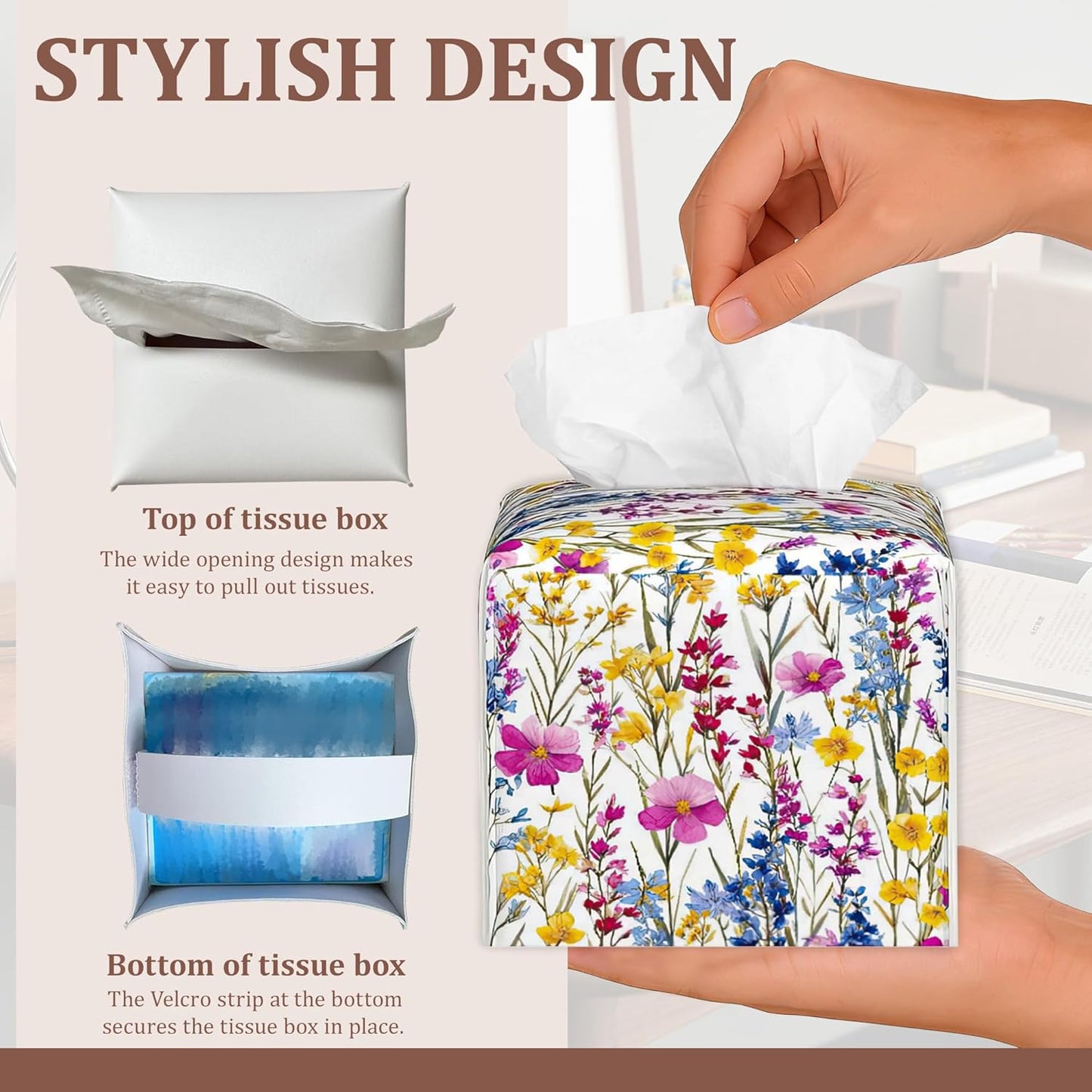 Pink Yellow Wildflowers Watercolor Tissue Box Cover, 2Pcs Square PU Leather Tissue Box Holder for Bathroom Vanity Countertop, Bedroom Dresser, Office Desk or Night Stand Table
