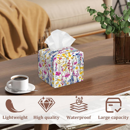 Pink Yellow Wildflowers Watercolor Tissue Box Cover, 2Pcs Square PU Leather Tissue Box Holder for Bathroom Vanity Countertop, Bedroom Dresser, Office Desk or Night Stand Table
