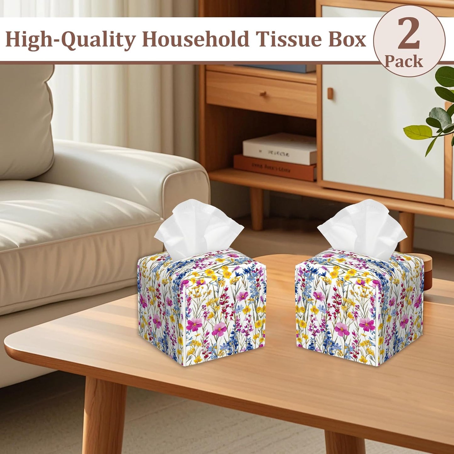 Pink Yellow Wildflowers Watercolor Tissue Box Cover, 2Pcs Square PU Leather Tissue Box Holder for Bathroom Vanity Countertop, Bedroom Dresser, Office Desk or Night Stand Table