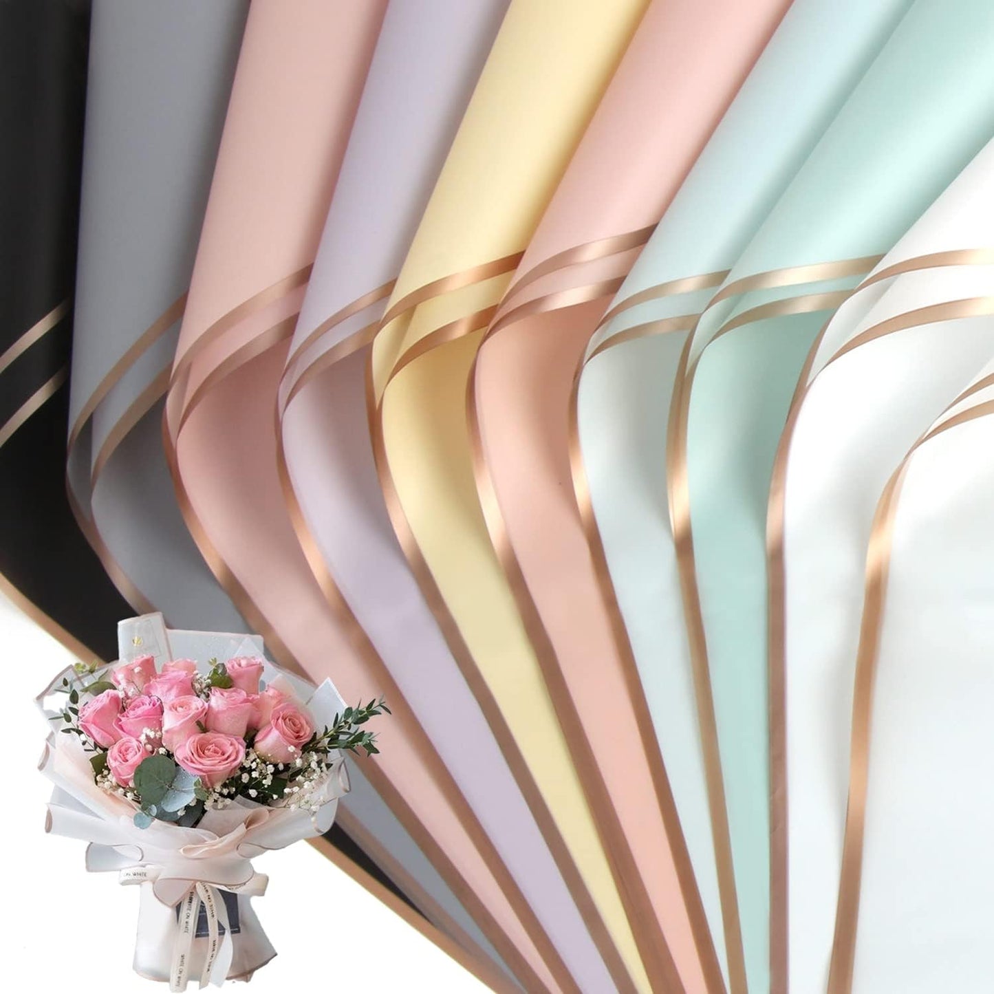 20 Sheets Gold Edge Flower Wrapping Paper,Waterproof Fresh Flower Packing Material Florist Bouquet Supplies DIY Craft Gift Packing,10 Colors