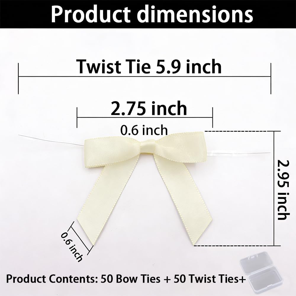 50 Pack Twist Tie Bows 2.75 Inch, Elegant Yellow Ribbon Bows for Gift Wrapping, DIY Crafts, Party Decorations, Baby Shower, Birthday, Wedding Decor