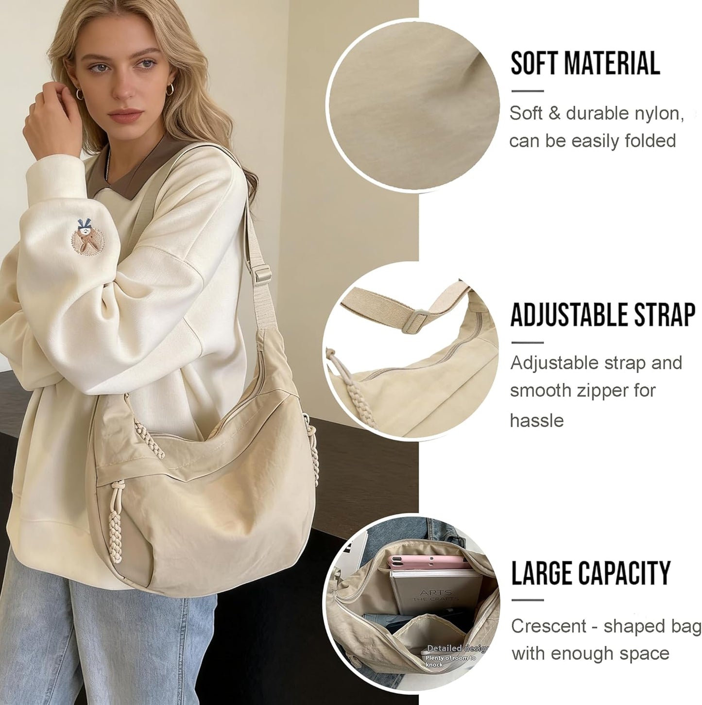 Crescent Crossbody Bags for Women, Casual Shoulder Half Moon Bag, Large Capacity Dumpling Purse Bag for Outdoor Travel