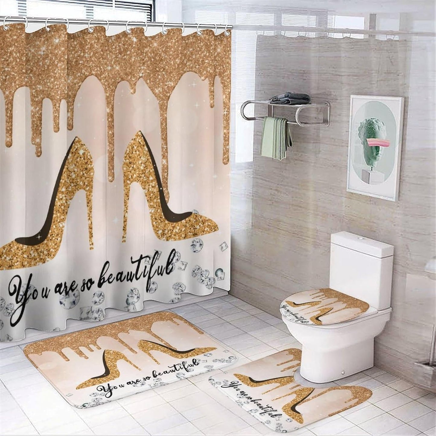 Beautiful Yellow High Heel 4 Pcs Shower Curtain Sets,High Heels Shoe Feminine Glitter Pattern Bathroom Decor Accessories with 12 Hooks