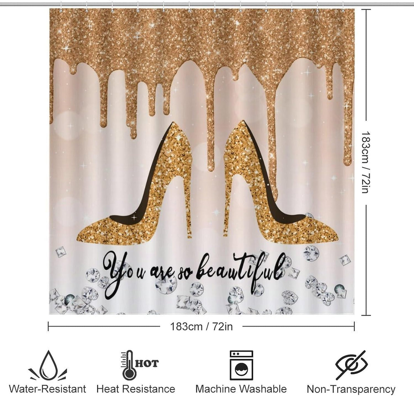 Beautiful Yellow High Heel 4 Pcs Shower Curtain Sets,High Heels Shoe Feminine Glitter Pattern Bathroom Decor Accessories with 12 Hooks