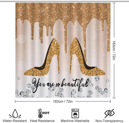 Beautiful Yellow High Heel 4 Pcs Shower Curtain Sets,High Heels Shoe Feminine Glitter Pattern Bathroom Decor Accessories with 12 Hooks