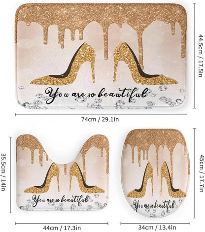 Beautiful Yellow High Heel 4 Pcs Shower Curtain Sets,High Heels Shoe Feminine Glitter Pattern Bathroom Decor Accessories with 12 Hooks