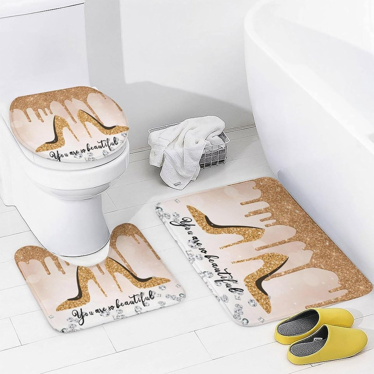 Beautiful Yellow High Heel 4 Pcs Shower Curtain Sets,High Heels Shoe Feminine Glitter Pattern Bathroom Decor Accessories with 12 Hooks