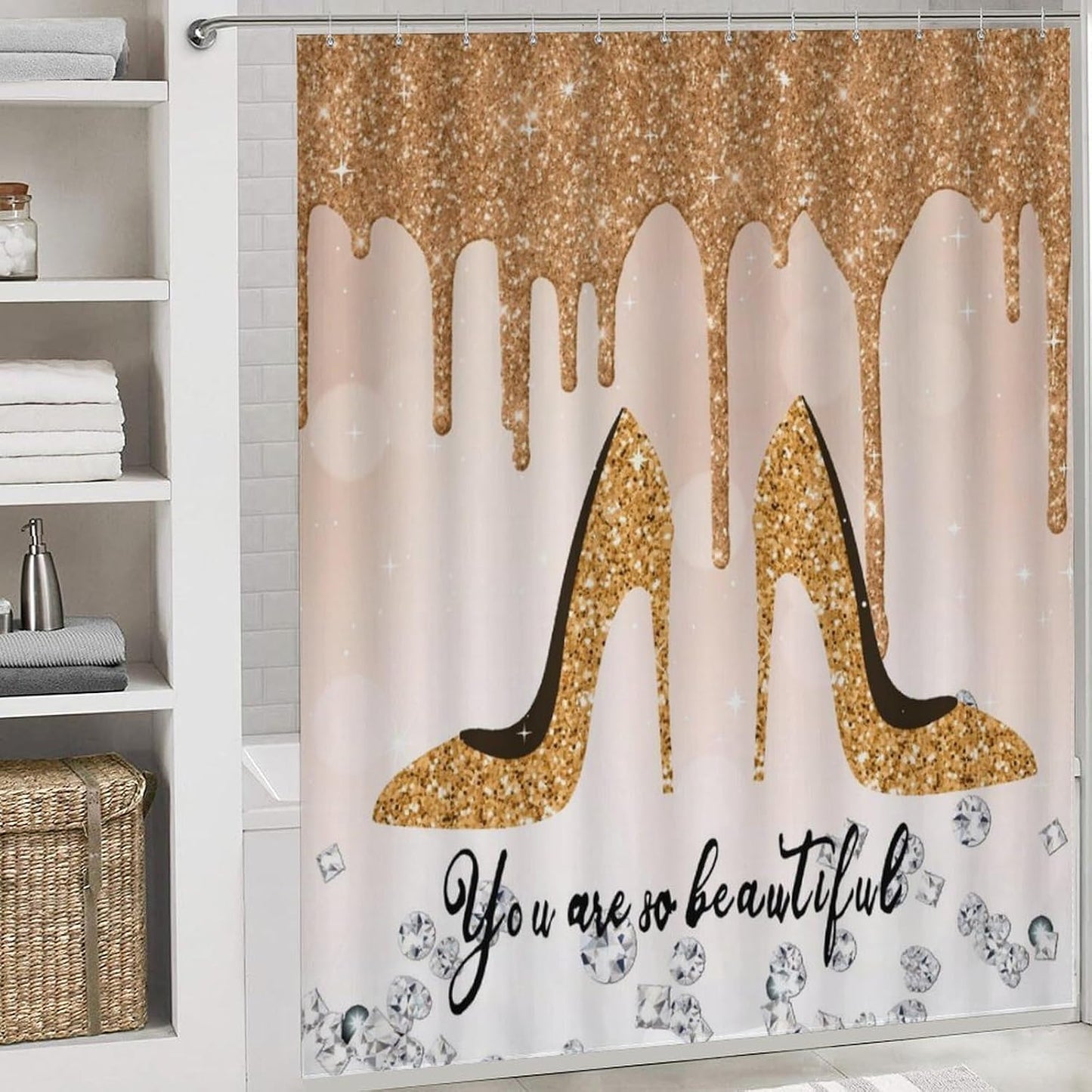 Beautiful Yellow High Heel 4 Pcs Shower Curtain Sets,High Heels Shoe Feminine Glitter Pattern Bathroom Decor Accessories with 12 Hooks