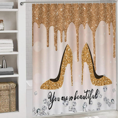 Beautiful Yellow High Heel 4 Pcs Shower Curtain Sets,High Heels Shoe Feminine Glitter Pattern Bathroom Decor Accessories with 12 Hooks