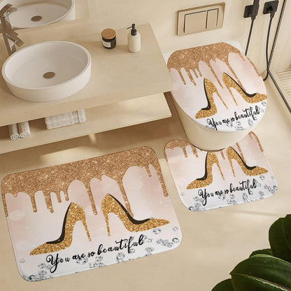 Beautiful Yellow High Heel 4 Pcs Shower Curtain Sets,High Heels Shoe Feminine Glitter Pattern Bathroom Decor Accessories with 12 Hooks