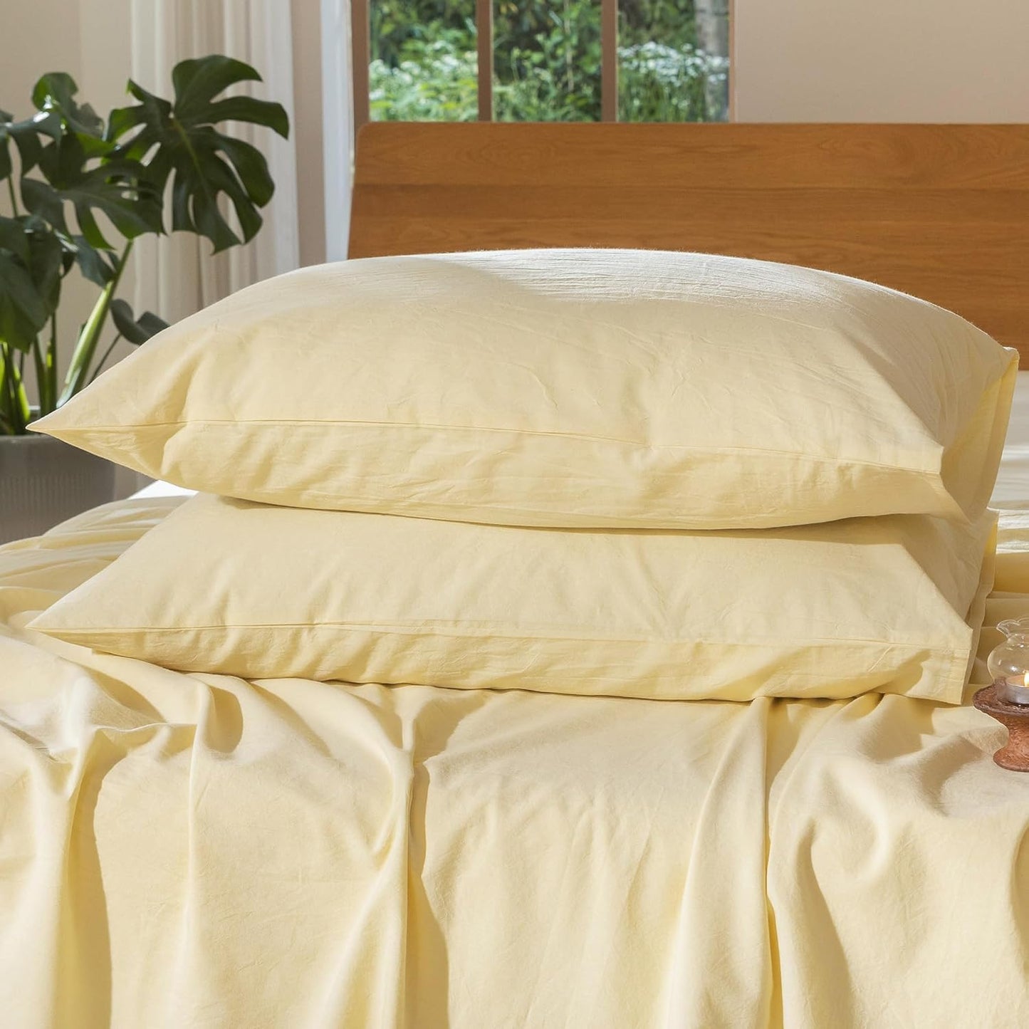 Bedding Pillowcases Pack of 2 100% Washed Cotton Linen Like Textured Breathable Durable Soft Comfy (Heathered Butter Yellow, Standard)