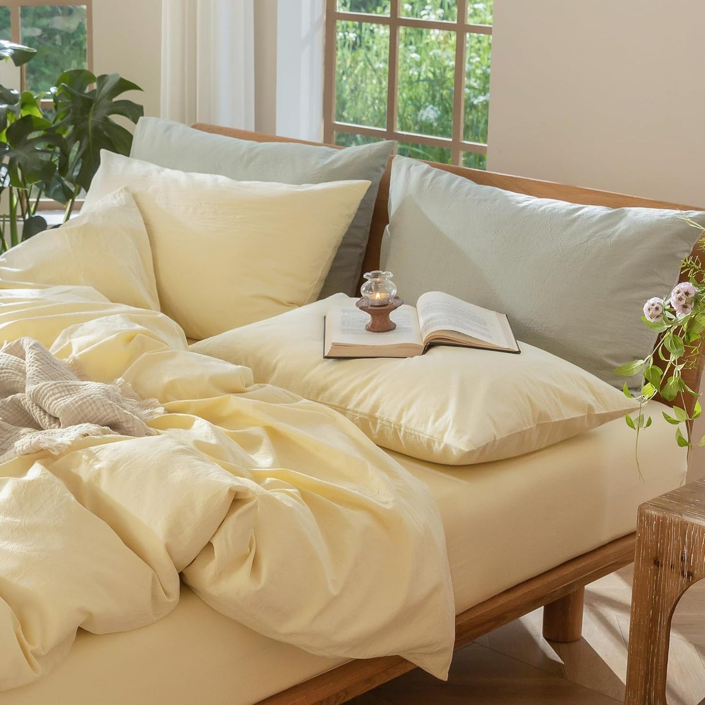 Bedding Pillowcases Pack of 2 100% Washed Cotton Linen Like Textured Breathable Durable Soft Comfy (Heathered Butter Yellow, Standard)
