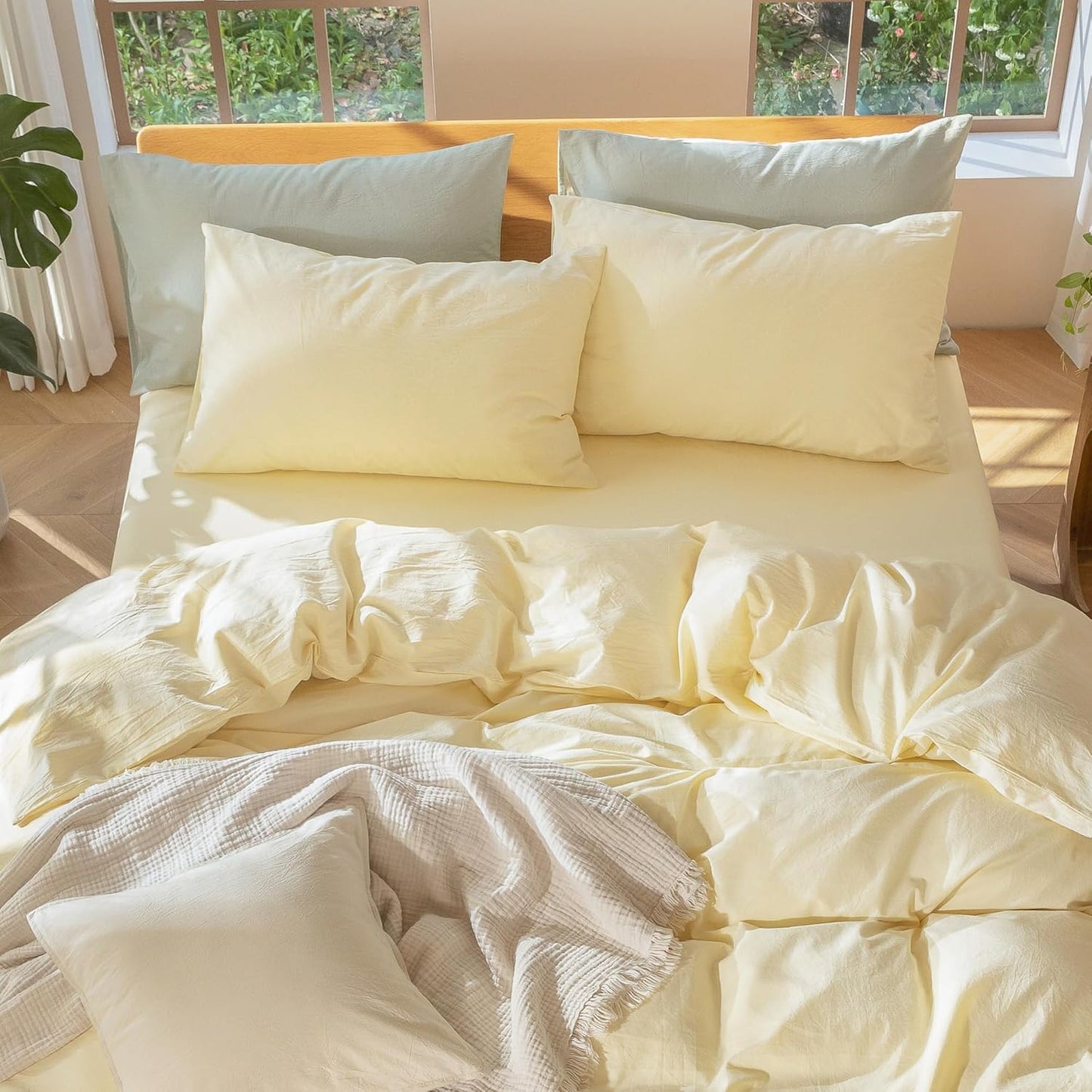 Bedding Pillowcases Pack of 2 100% Washed Cotton Linen Like Textured Breathable Durable Soft Comfy (Heathered Butter Yellow, Standard)