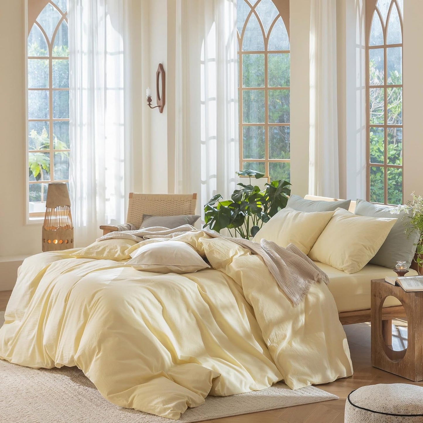 Bedding Pillowcases Pack of 2 100% Washed Cotton Linen Like Textured Breathable Durable Soft Comfy (Heathered Butter Yellow, Standard)