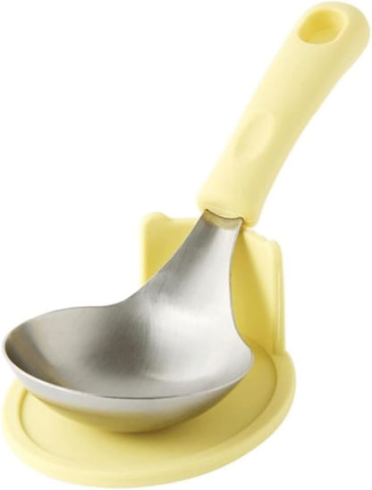 Wide Head Serving Spoon with Silicon Handle, 8 inch, Stainless Steel, Includes Silicon Matching Rest, Modern Style, Various Color Available (Yellow)