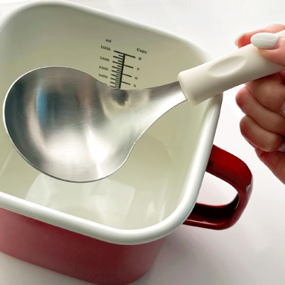 Wide Head Serving Spoon with Silicon Handle, 8 inch, Stainless Steel, Includes Silicon Matching Rest, Modern Style, Various Color Available (Yellow)