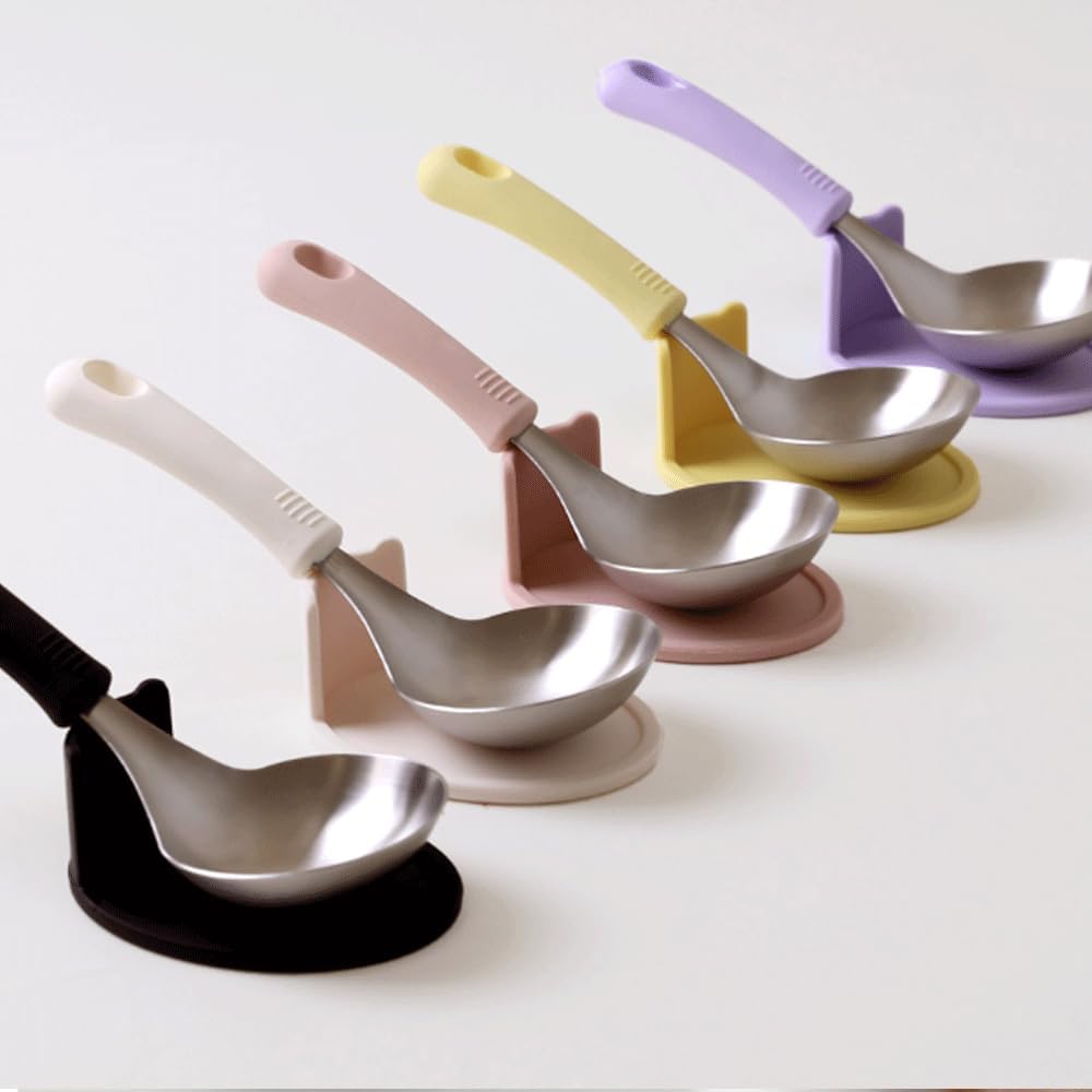 Wide Head Serving Spoon with Silicon Handle, 8 inch, Stainless Steel, Includes Silicon Matching Rest, Modern Style, Various Color Available (Yellow)