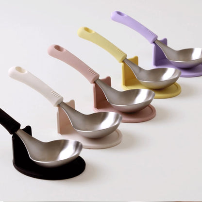 Wide Head Serving Spoon with Silicon Handle, 8 inch, Stainless Steel, Includes Silicon Matching Rest, Modern Style, Various Color Available (Yellow)