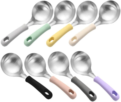 Wide Head Serving Spoon with Silicon Handle, 8 inch, Stainless Steel, Includes Silicon Matching Rest, Modern Style, Various Color Available (Yellow)