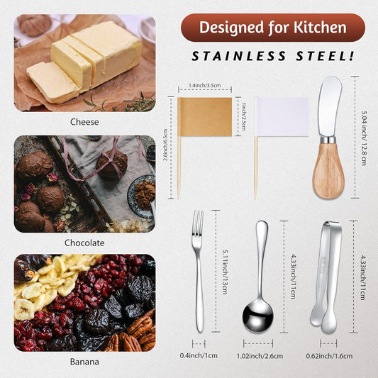 34 Pcs Charcuterie Board Accessories Cheese Butter Spreader Knives Set Stainless Steel Spreader Knives with Wooden Handles Charcuterie Boards Utensils Mini Serving Tongs Spoons and Forks, Yellow
