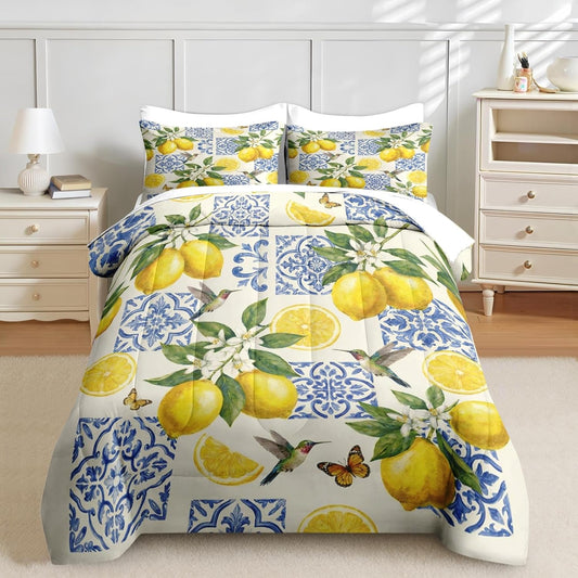 Comforter Set Twin Size, Lemon Mediterranean Watercolor 5 Pcs Bedding for Kids and Adults, Hummingbird Blue Bed Sheet Sets with Fitted Sheet Pillowcases & Shams for Bedroom Bed Decor