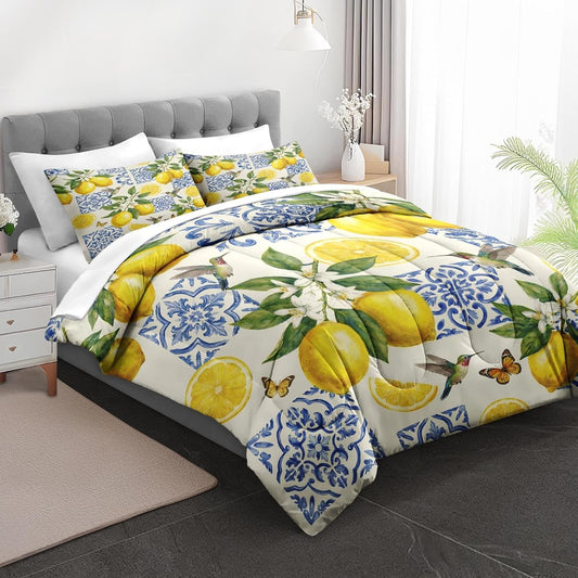 Comforter Set Twin Size, Lemon Mediterranean Watercolor 5 Pcs Bedding for Kids and Adults, Hummingbird Blue Bed Sheet Sets with Fitted Sheet Pillowcases & Shams for Bedroom Bed Decor