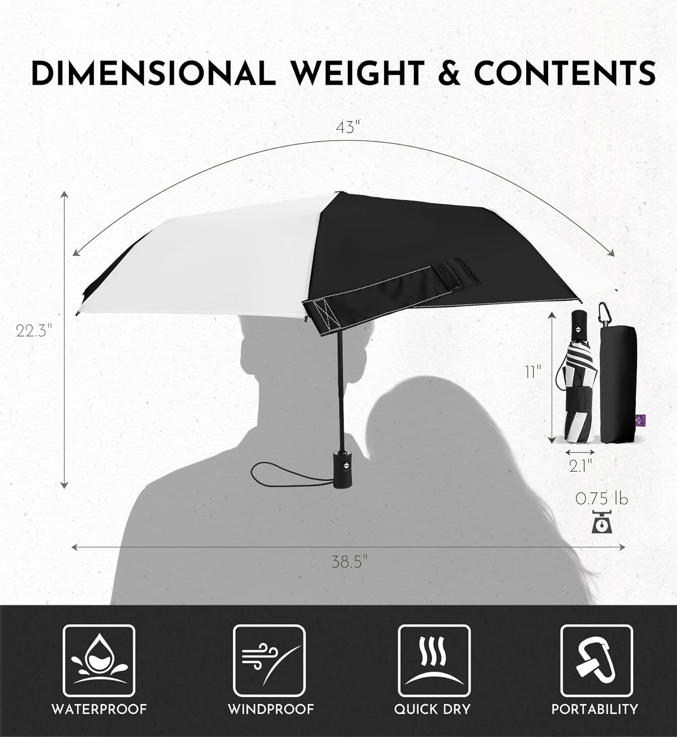Windproof Travel Umbrella for Rain - 43" Auto Open Close 8-Rib Compact, Stylish Two-Tone Color Block Design, Easy-Close Folding Portable Parasol for Men & Women