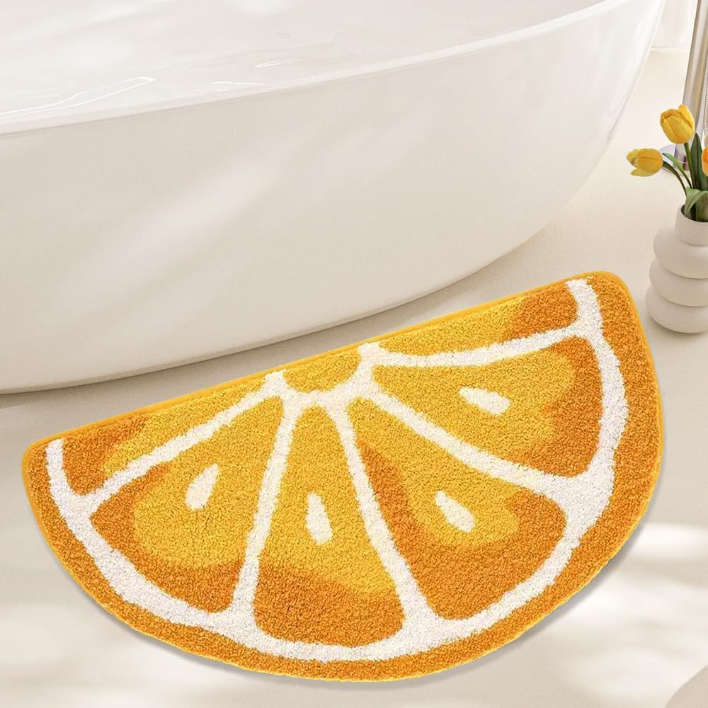 Playtime Cozy Lemon Cute Fruits Half Round Shaped Bedroom Bathroom Doorway Kitchen Floor Rug Carpet Water Absorption Non-Slip mat for Kid's Room (Orange, 45 * 80CM)