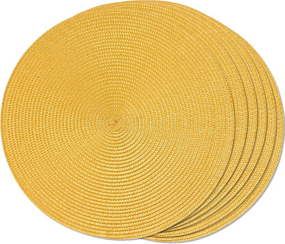 Round Braided Placemats Set of 6 Table Mats for Dining Tables Woven Washable Non-Slip Place mats 15inch for Spring(Yellow, 6pcs)
