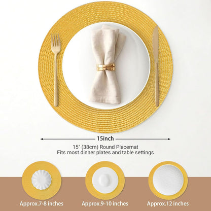 Round Braided Placemats Set of 6 Table Mats for Dining Tables Woven Washable Non-Slip Place mats 15inch for Spring(Yellow, 6pcs)