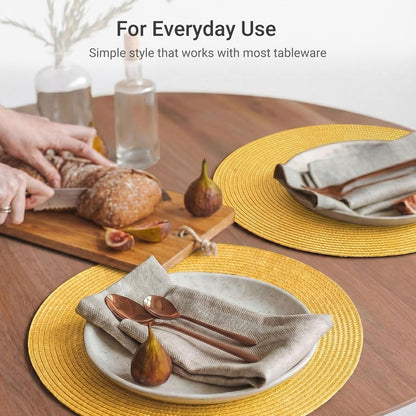 Round Braided Placemats Set of 6 Table Mats for Dining Tables Woven Washable Non-Slip Place mats 15inch for Spring(Yellow, 6pcs)