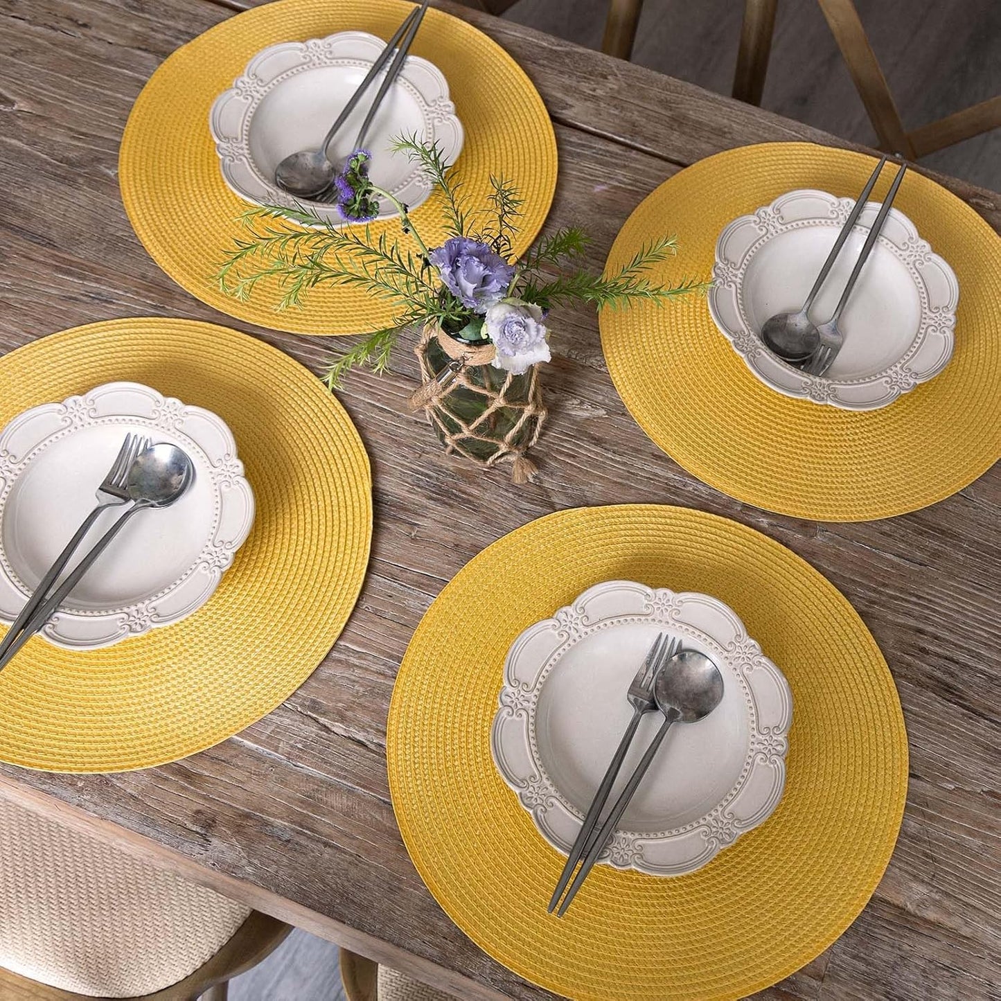 Round Braided Placemats Set of 6 Table Mats for Dining Tables Woven Washable Non-Slip Place mats 15inch for Spring(Yellow, 6pcs)