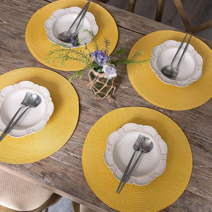 Round Braided Placemats Set of 6 Table Mats for Dining Tables Woven Washable Non-Slip Place mats 15inch for Spring(Yellow, 6pcs)
